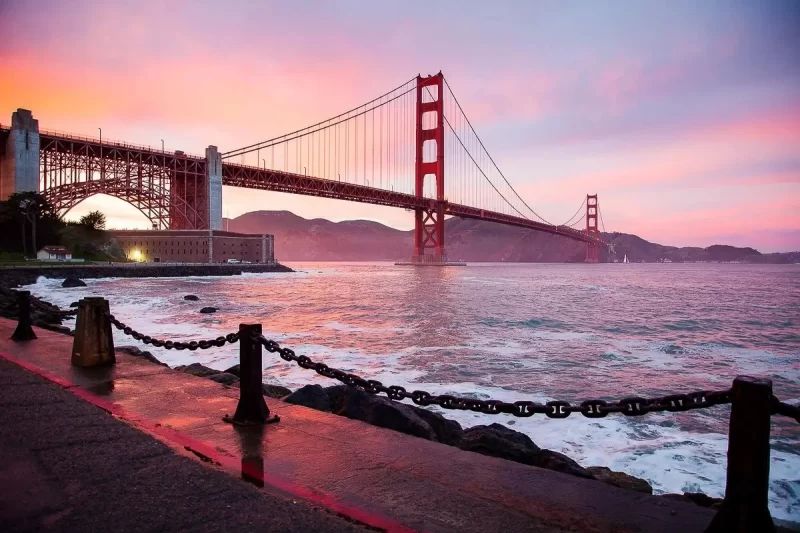 A sunset over the ocean with the Golden Gate bridge in San Francisco