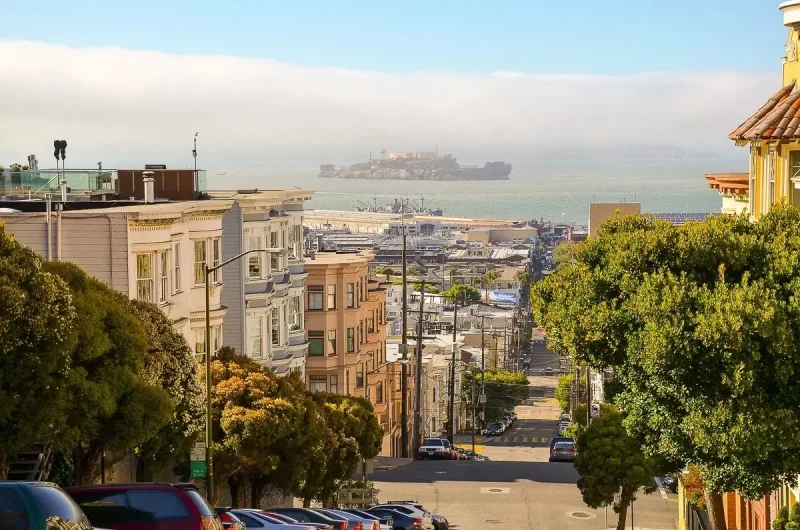 A view from San Francisco, looking out into a bay and Alcatraz prison