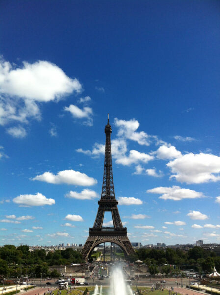 The most romantic destination of all, the Eiffel Tower in Paris, France with blue skies