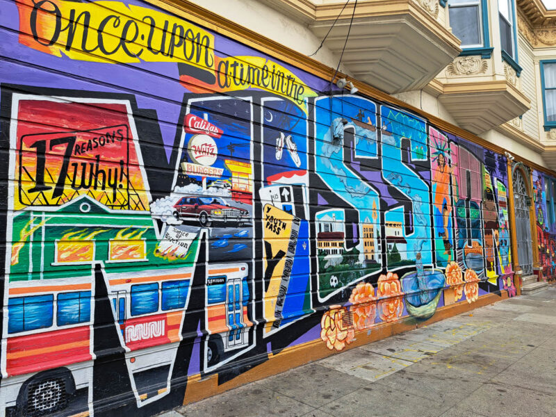 Colorful mural spelling Mission in the Mission District, San Francisco