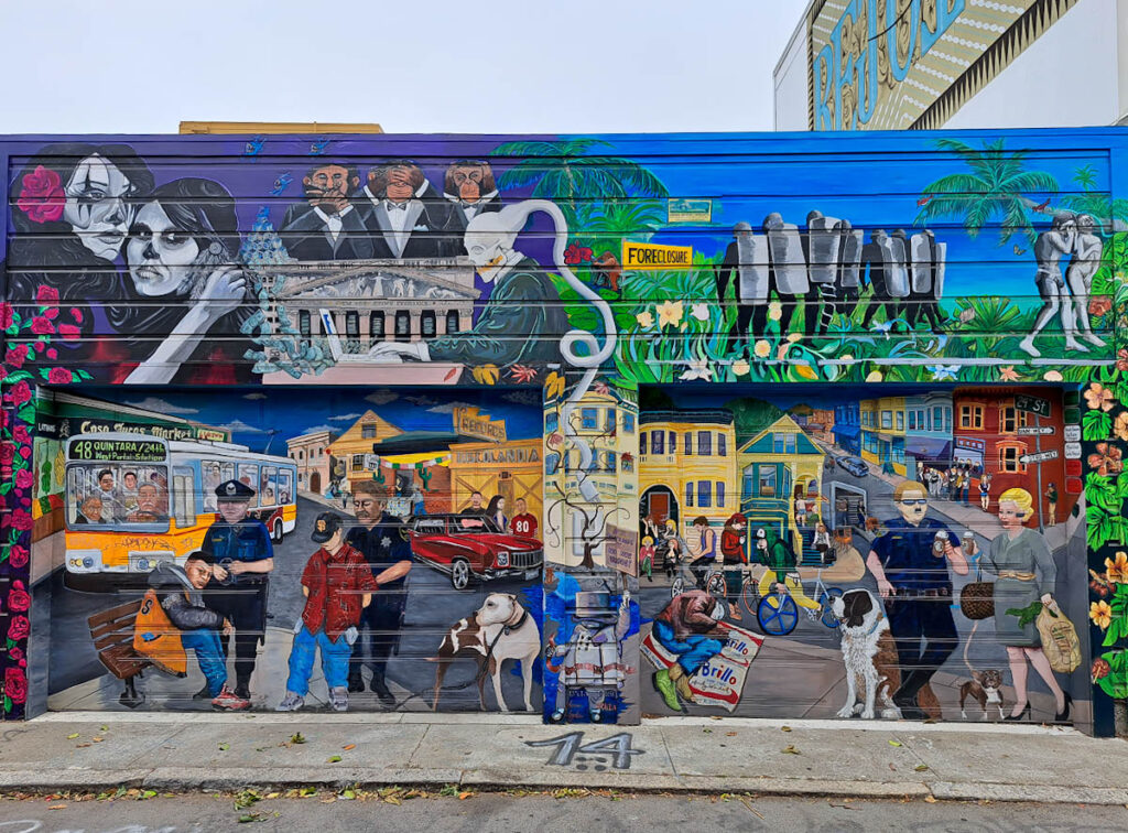 Colorful collection of murals depicting many different scenes and people in San Francisco