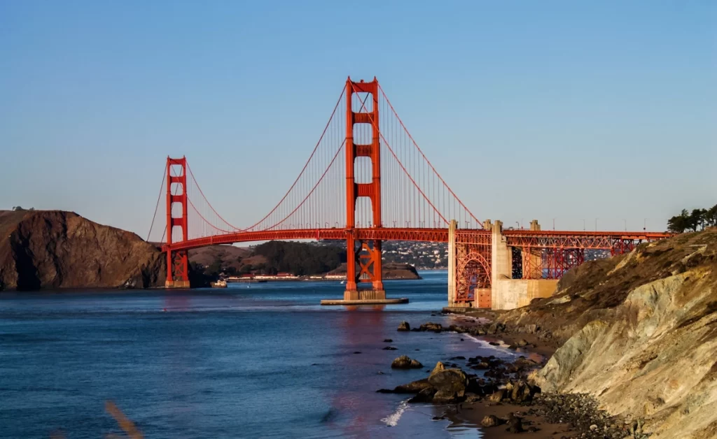 Golden Gate Bridge with clear blue skies in San Francisco, California, United States