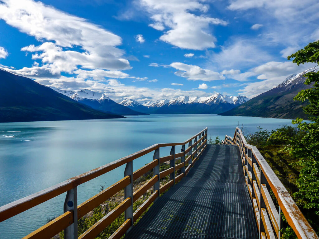 A boardwalk looking out at a glacier in Patagonia, Argentina