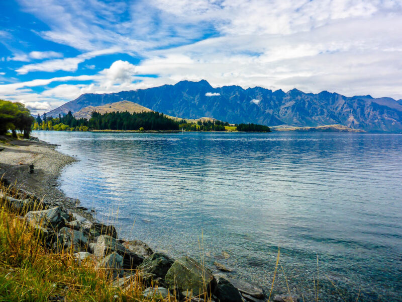 Lake Wakatipu in Queenstown, New Zealand with the Southern Alps range The Remarkables in the background.