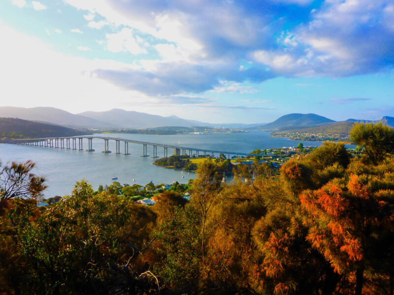 View from a tree-filled park of blue water with a vehicle bridge crossing it, a city and mountains in the background with blue skies and fluffy clouds. In Hobart, Tasmania, Australia 