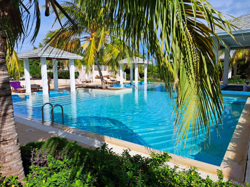 A view of the pool and pool bar through a palm tree at Paradisus Los Cayos, a resort in Cuba.