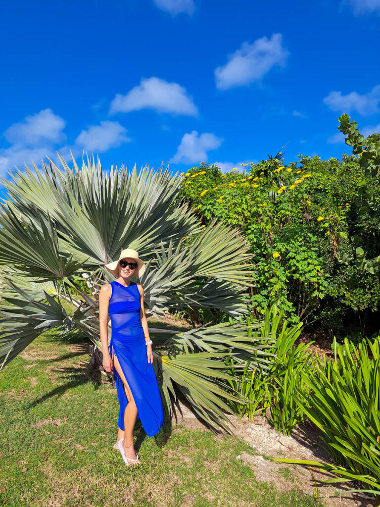 A women dressed in a blue bikini, blue coverup and sun hat posing in front of lush green plants and a bright blue sky