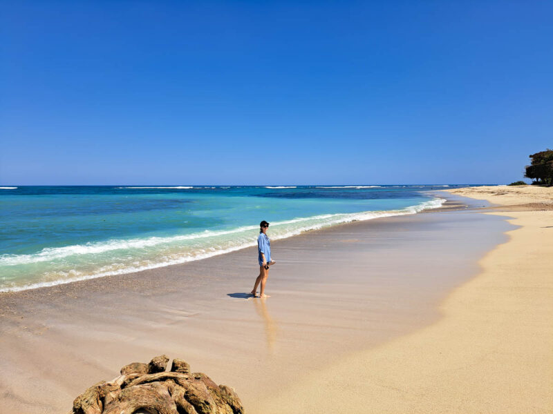 A woman standing on a long stretch of untouched, uninhabited beach in the Domincan with turquoise blue waters and deep blue sky