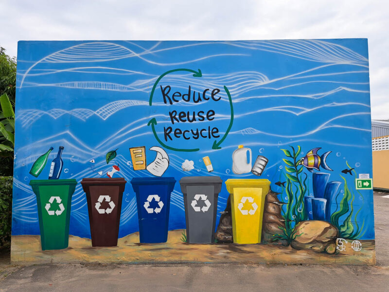 Mural painted on a wall saying "Reduce, reuse, recycle" with paintings of various recycling and organics bins