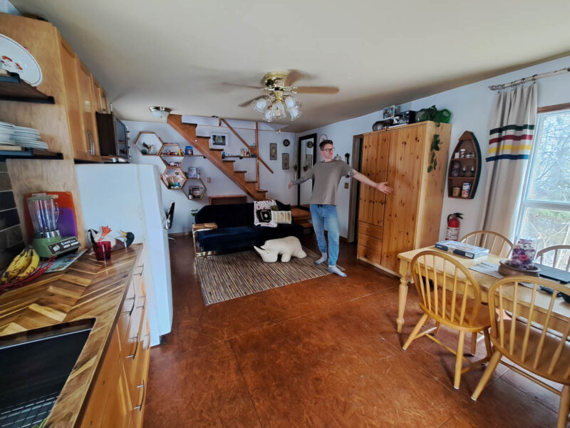 A man posing with his arms outstretched inside a barn converted into an Airbnb in Birch Cove, Alberta. It is quaintly decorated with plants, artworks, and thrift store finds from Canada. One multipurpose room with kitchen, dining table, and couch.