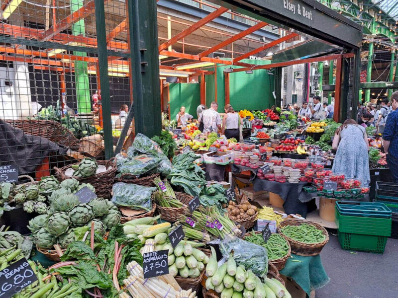 Fresh vegetable produce stalls in Borough Market in London, England