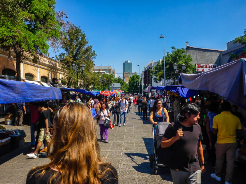 The back of a woman's head as she explores a local market with food stalls on either side of her