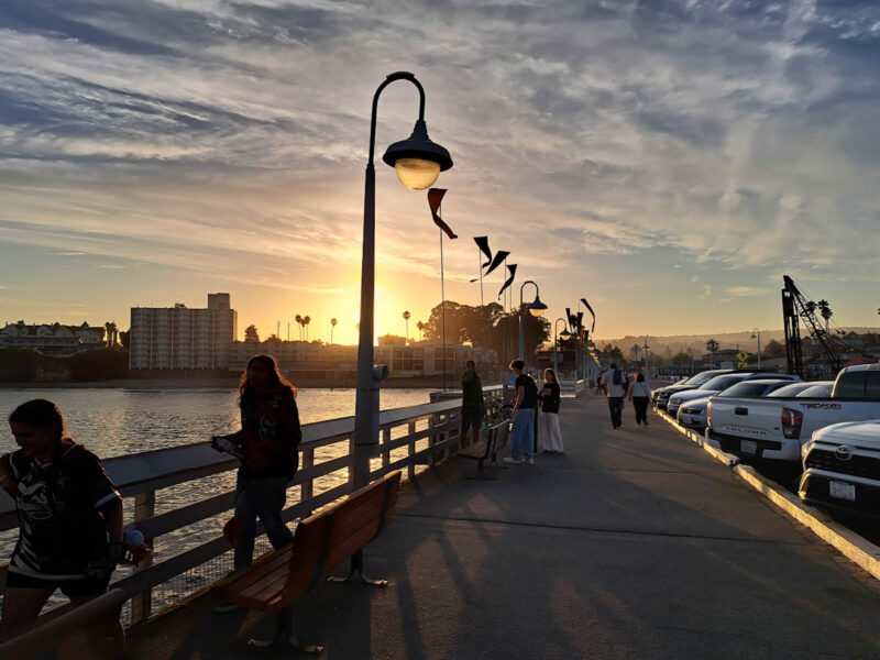 Santa Cruz wharf at sunset looking back on the city.