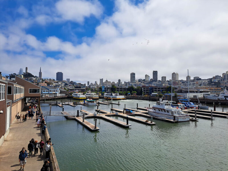 View from Fisherman's Wharf & Pier 39 of skyscrapers and tall buildings, boats in the water, and blue sky with white fluffy clouds.