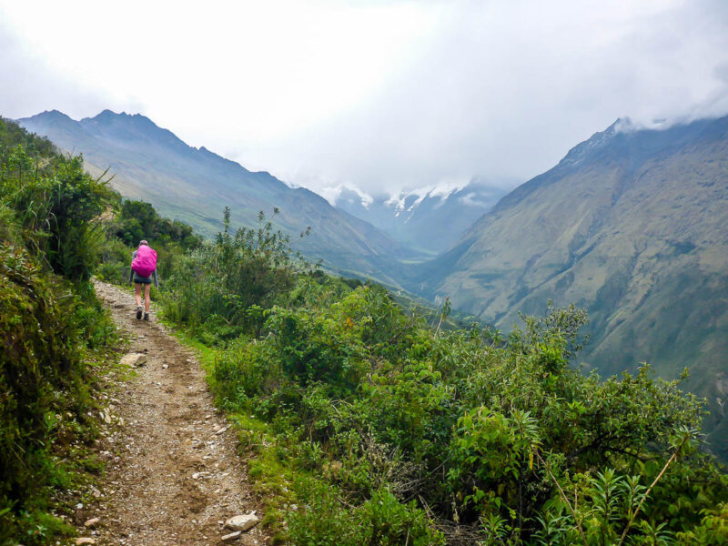 A woman walking up a rocky path on the Salkantay Trail in Peru. There are lush green grasses and plants on either side and tall mountains in the background.