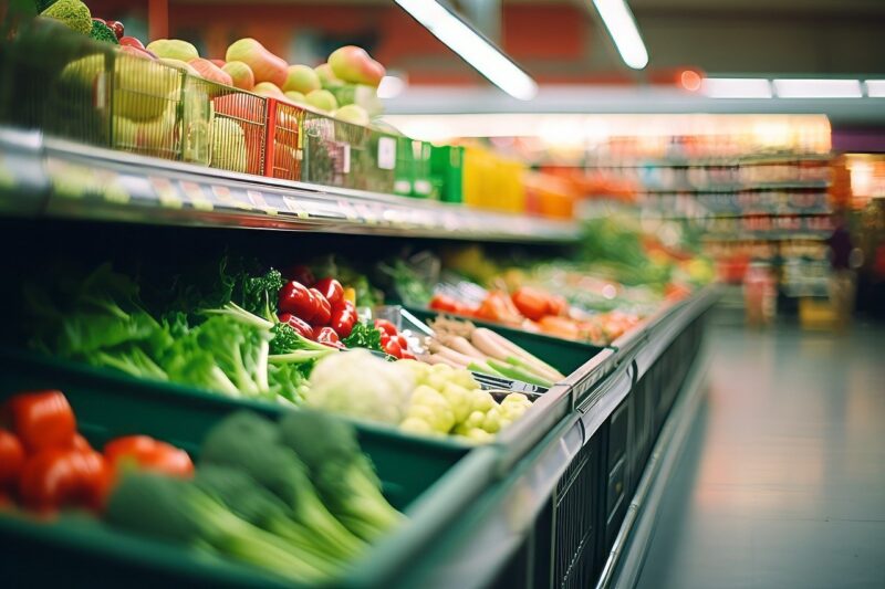 A side on view of colorful vegetables at a supermarket with shelves in the background