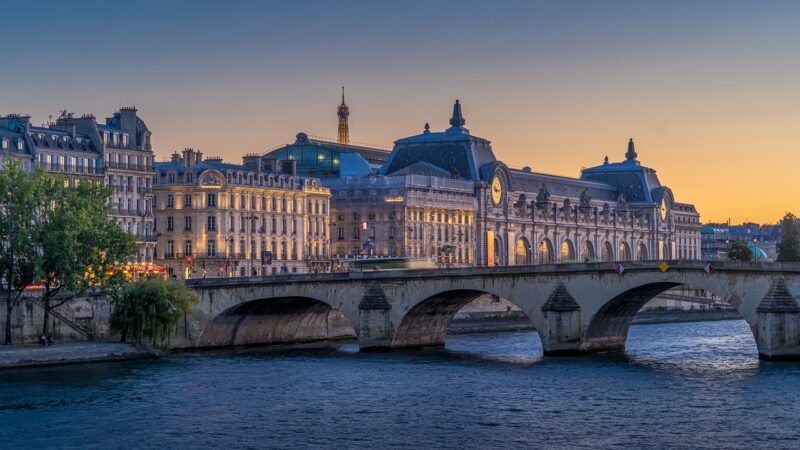 Paris city scape with beautiful architecture and a bridge across the river seine