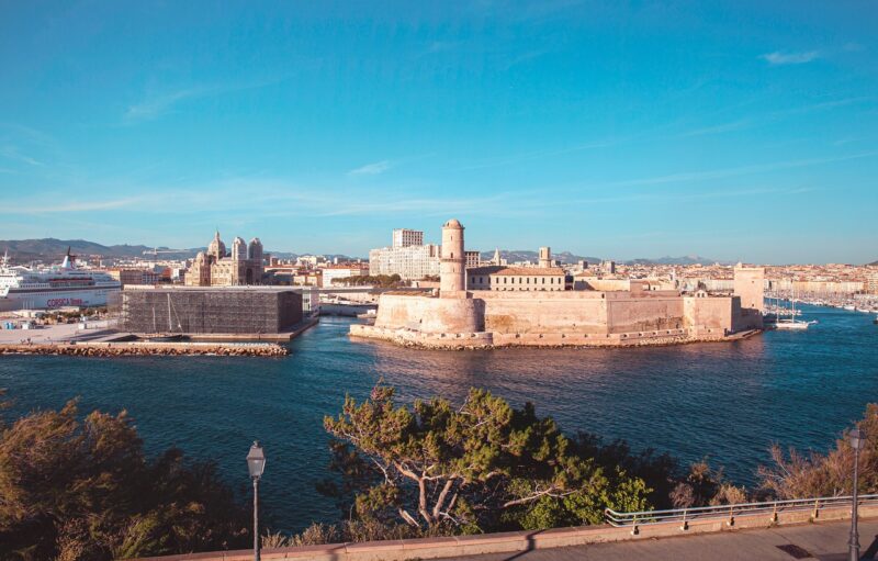 MuCEM and Fort Saint Jean along the water in the Old Port of Marseille, France