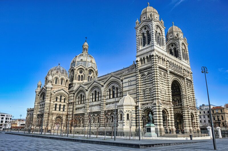 Cathédrale de La Major in Marseille with bright blue skies.